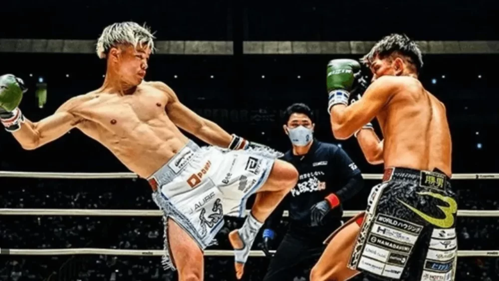 Image-of-Tenshin-Nasukawa-kicking-a-left-low-kick-in-a-match